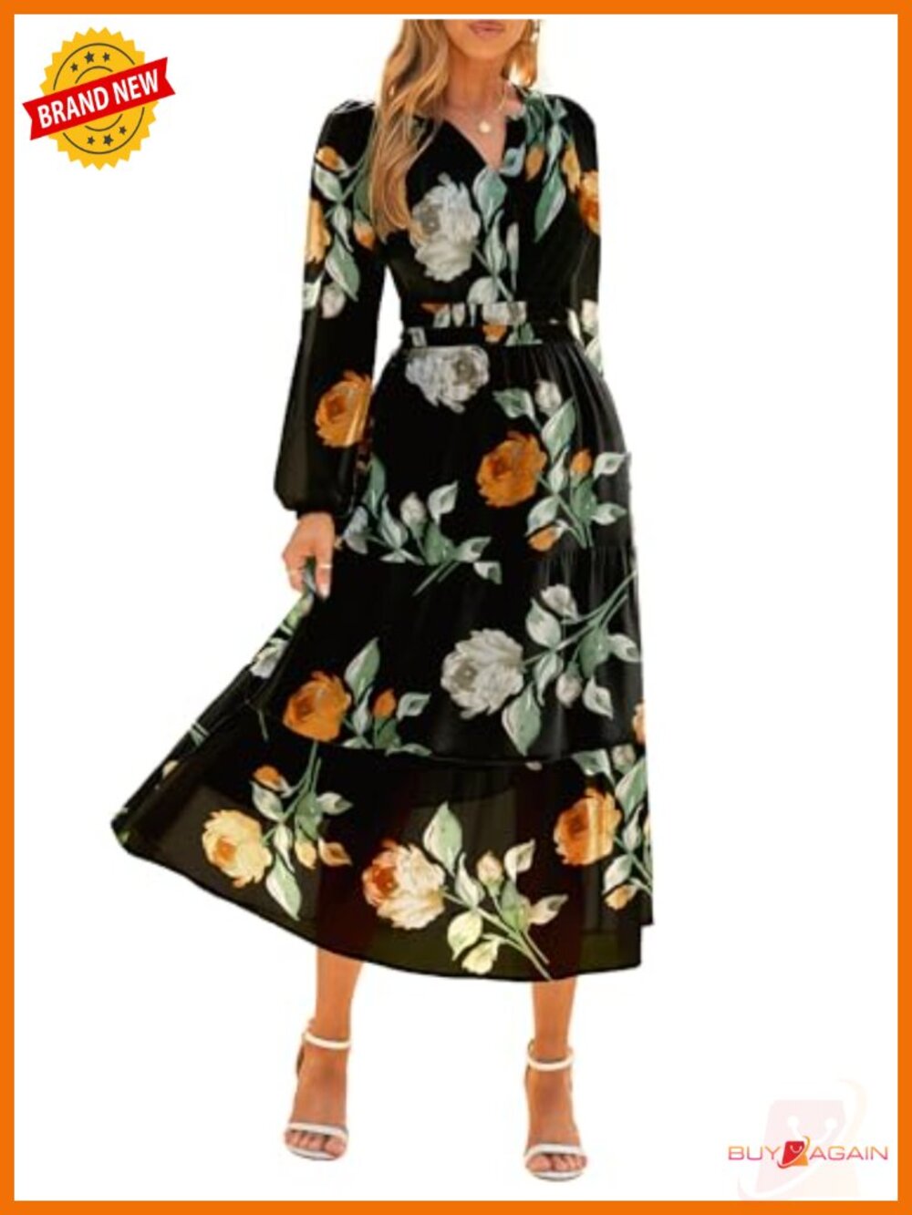 Simplee Women's Floral Boho Long Sleeve Maxi Dress V Neck Empire Waist